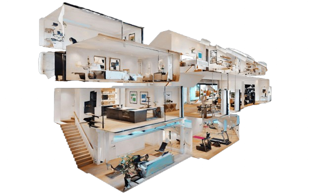 Schnitt durch ein modernes, mehrstöckiges Haus mit verschiedenen eingerichteten Räumen wie Wohnzimmer, Schlafzimmer, Küche und Arbeitsbereich.