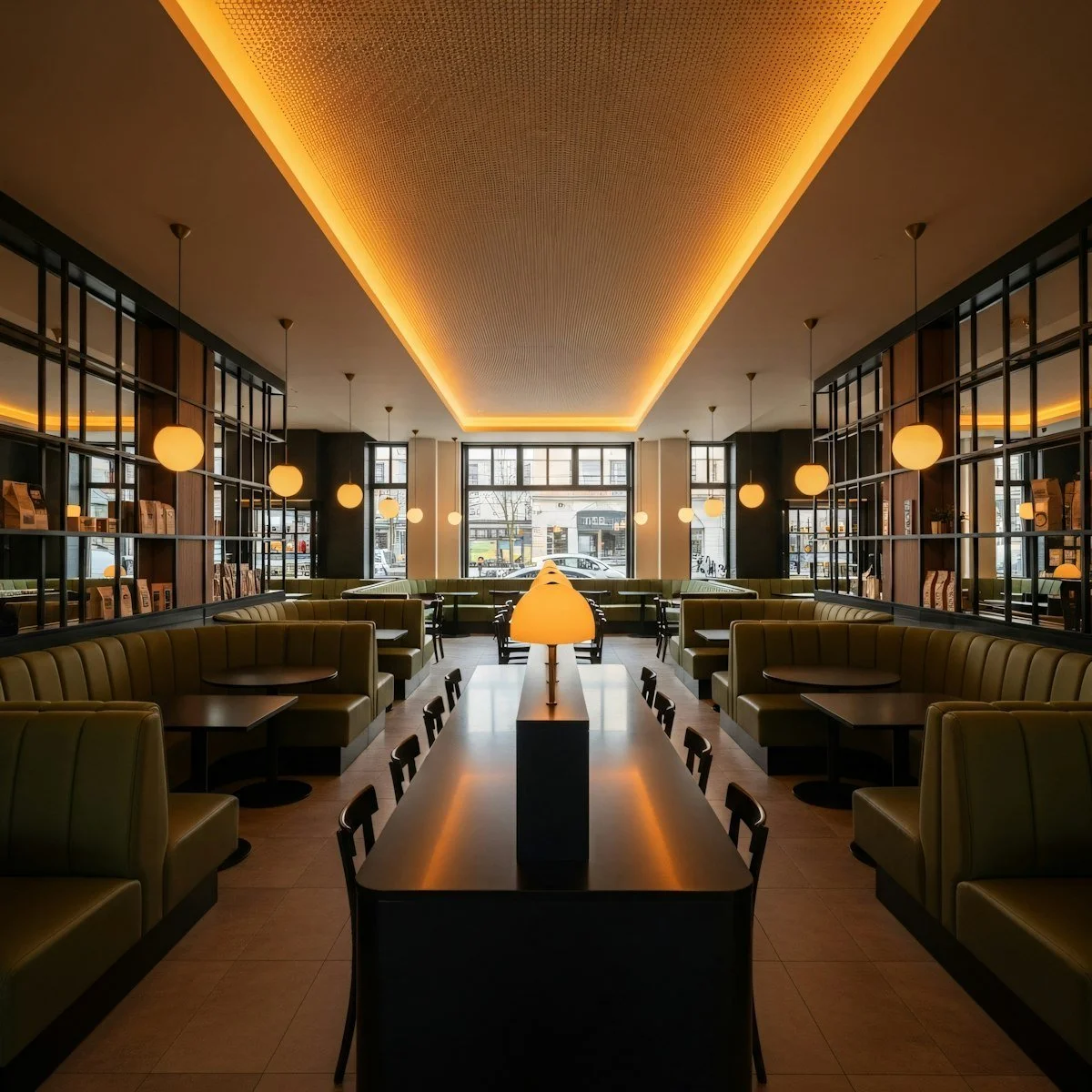Ein modern eingerichteter Café- oder Restaurantbereich mit grünen Sitzbänken, Tischen und Lampen, große Fenster an der Rückseite, warmes Licht und entspannte Atmosphäre.