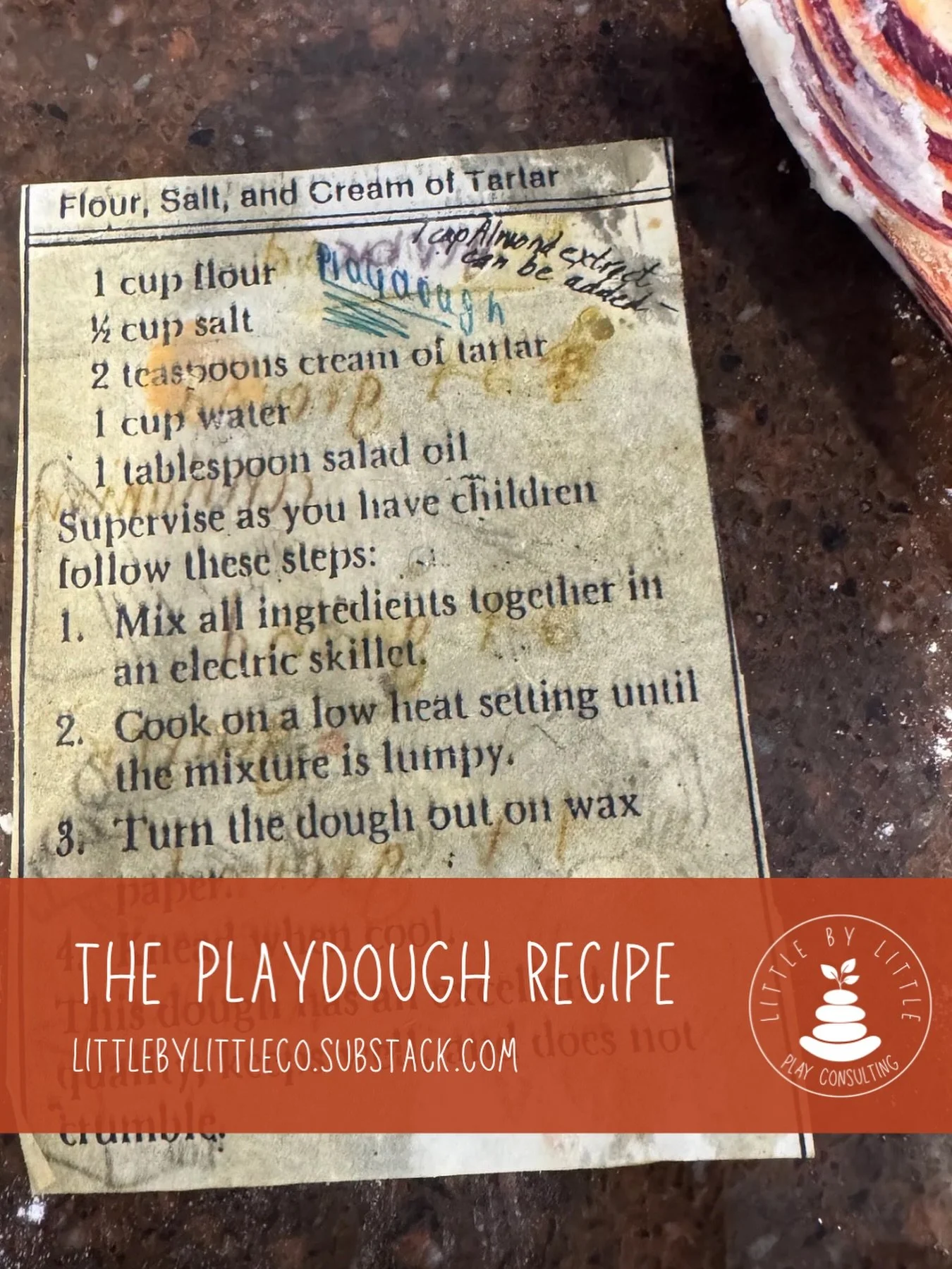 I was given this recipe over twenty years ago.
Before you could look recipes up online.
Before reading all the reviews.
Before thinking turned into overthinking.

It must have been copied from a preschool teacher book.
&ldquo;Supervise as you have ch