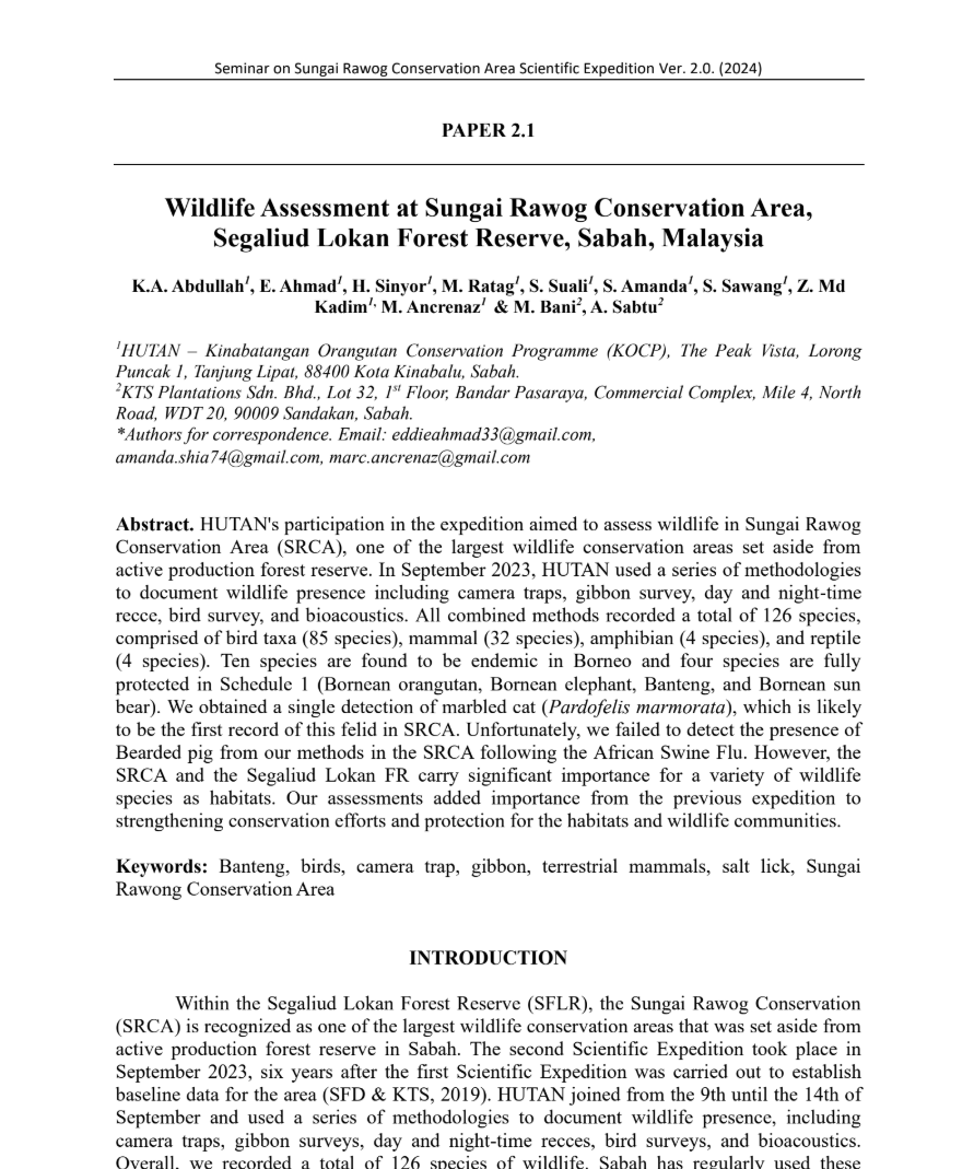 Sungai Rawog Conservation Area Wildlife Assessment