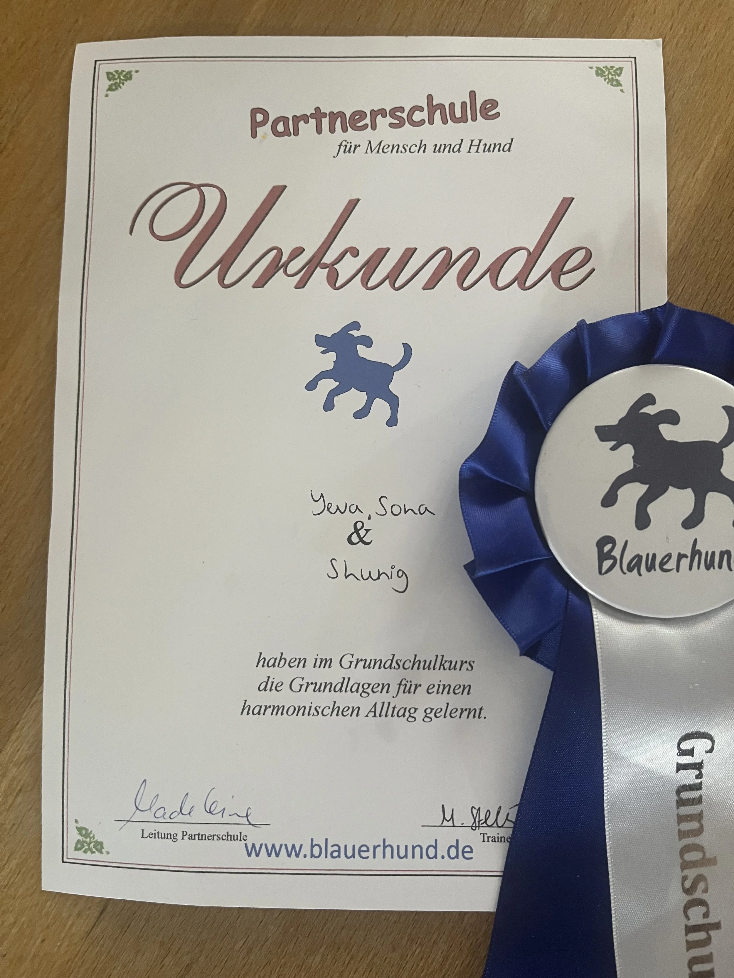 Urkunde von der Hundeschule Blauer Hund