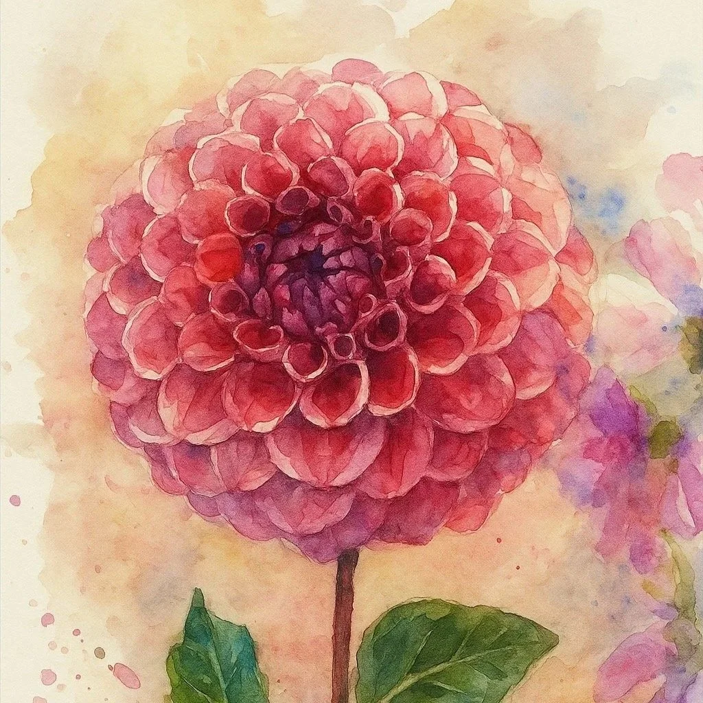 Aquarell-Dahlie: "KI-generiertes Aquarell einer rosa Dahlie aus dem eigenen Garten"