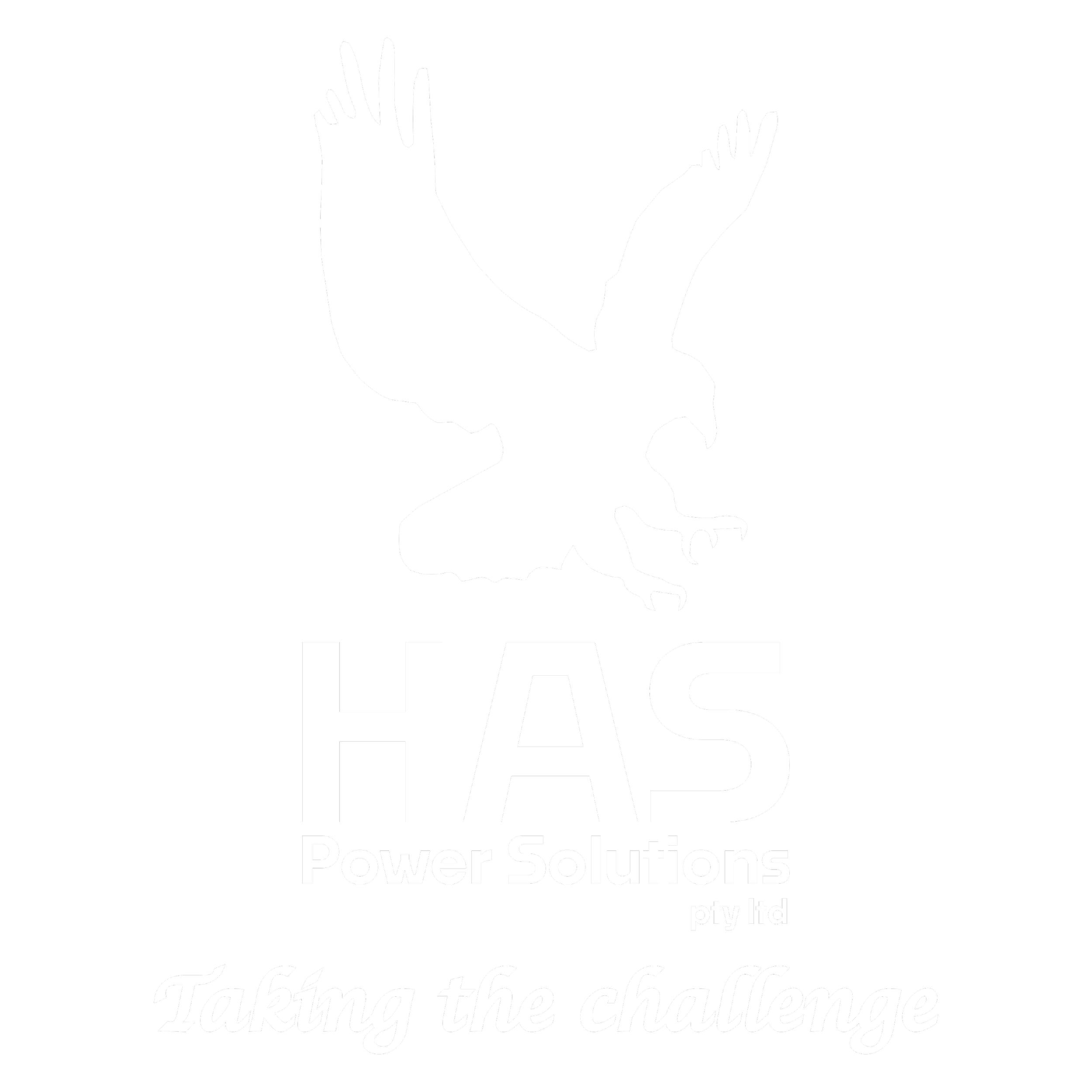 A black and white logo for HAS Power Solutions featuring a white eagle with wings spread, claws extended, and head bent downward, with the text "H A S Power Solutions Pty Ltd" and the slogan "Taking the challenge."