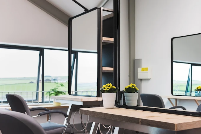 Interior of a modern room with large windows, a mirror, and potted yellow flowers on the table.