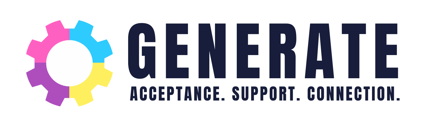 A logo with a colorful cog icon and the word 'Generate' in bold, with the words 'Acceptance. Support. Connection.' underneath.