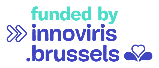 Text reading 'funded by innoviris.brussels' with blue arrows and a blue heart symbol.