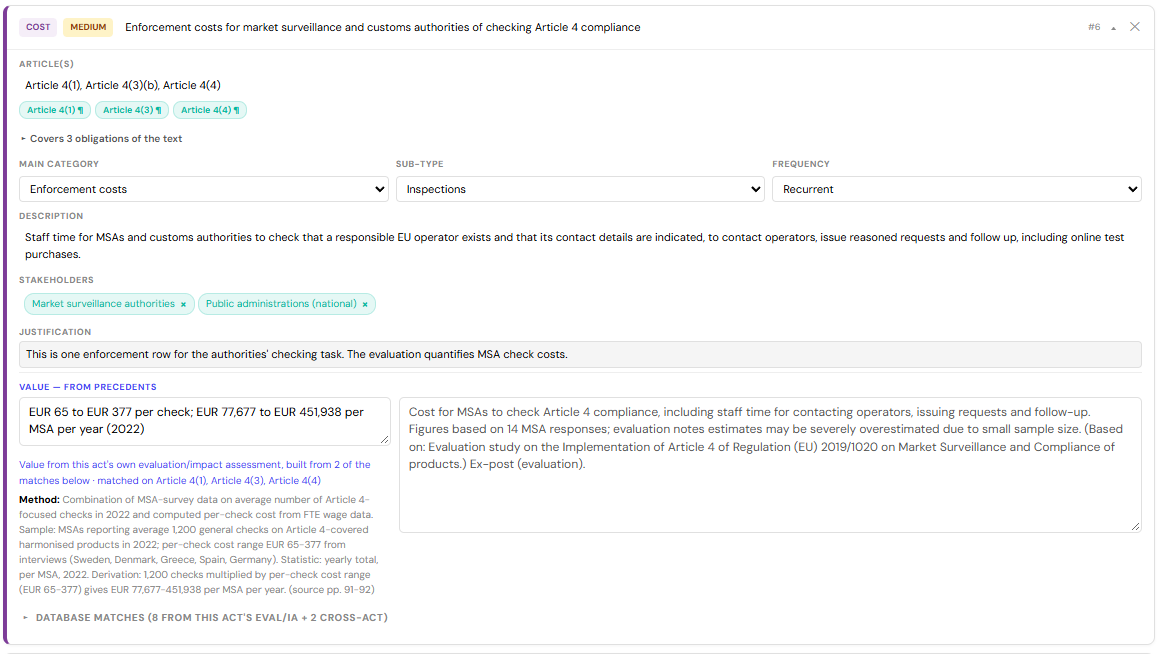 Screenshot of Bertha example of cost identification and classification using the Market Surveillance Regulation example including details on costs, stakeholders, evaluation methods, and database matches.