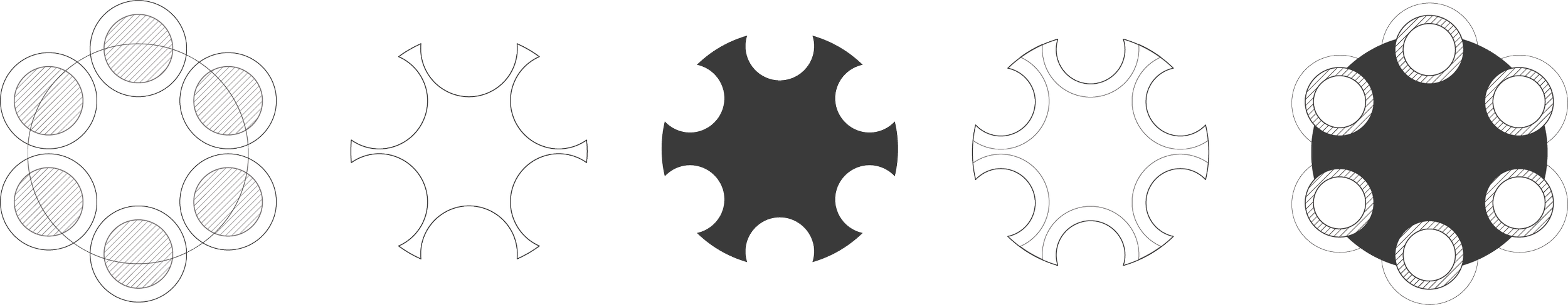 Diagramma di sei fasi geometriche di una catena di montaggio o design industriale.
