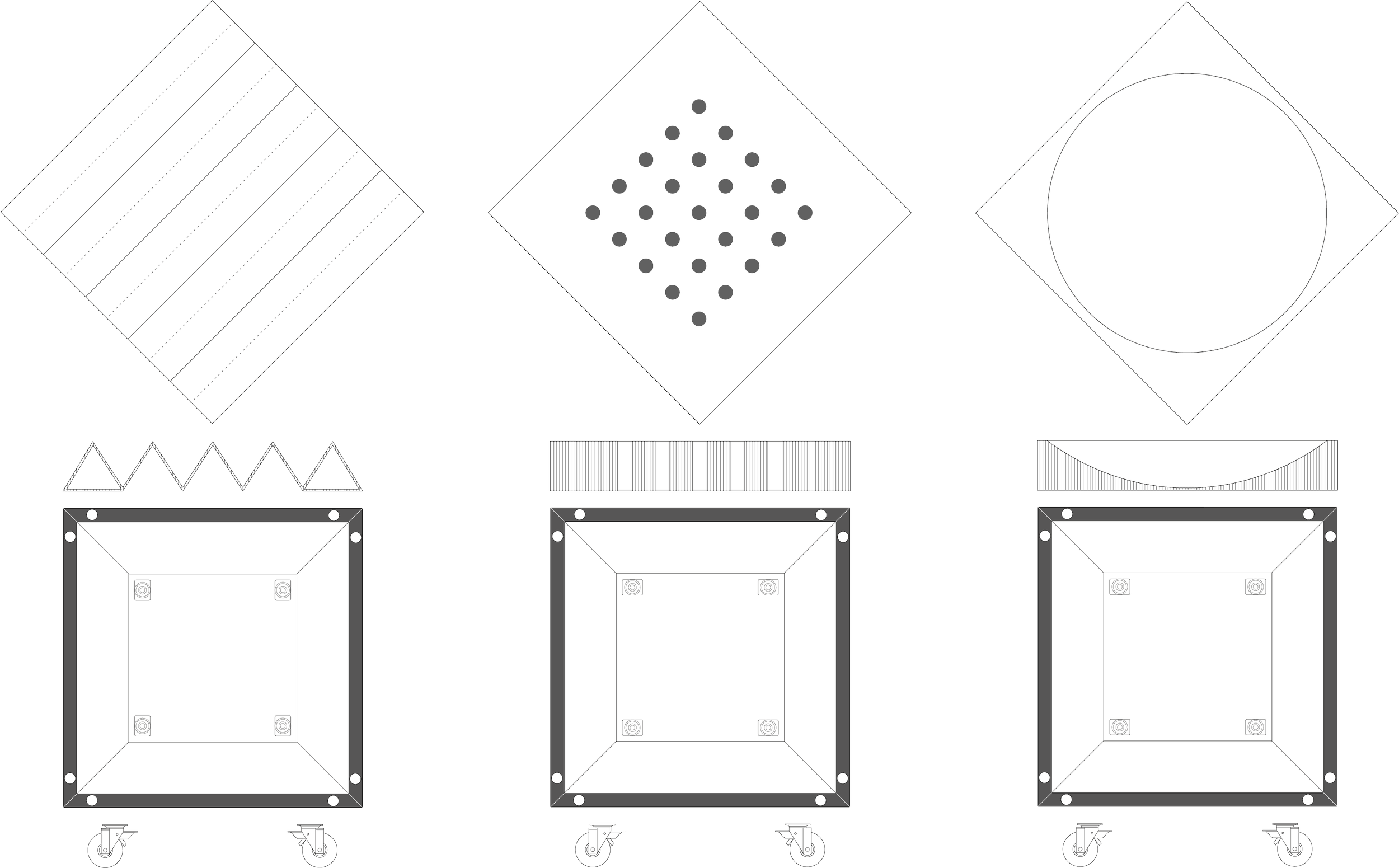 Diagramma di ottagonali con diversi pattern e componenti, alcune ruote con rotelle, cartellini e decorazioni diverse, su uno sfondo nero.