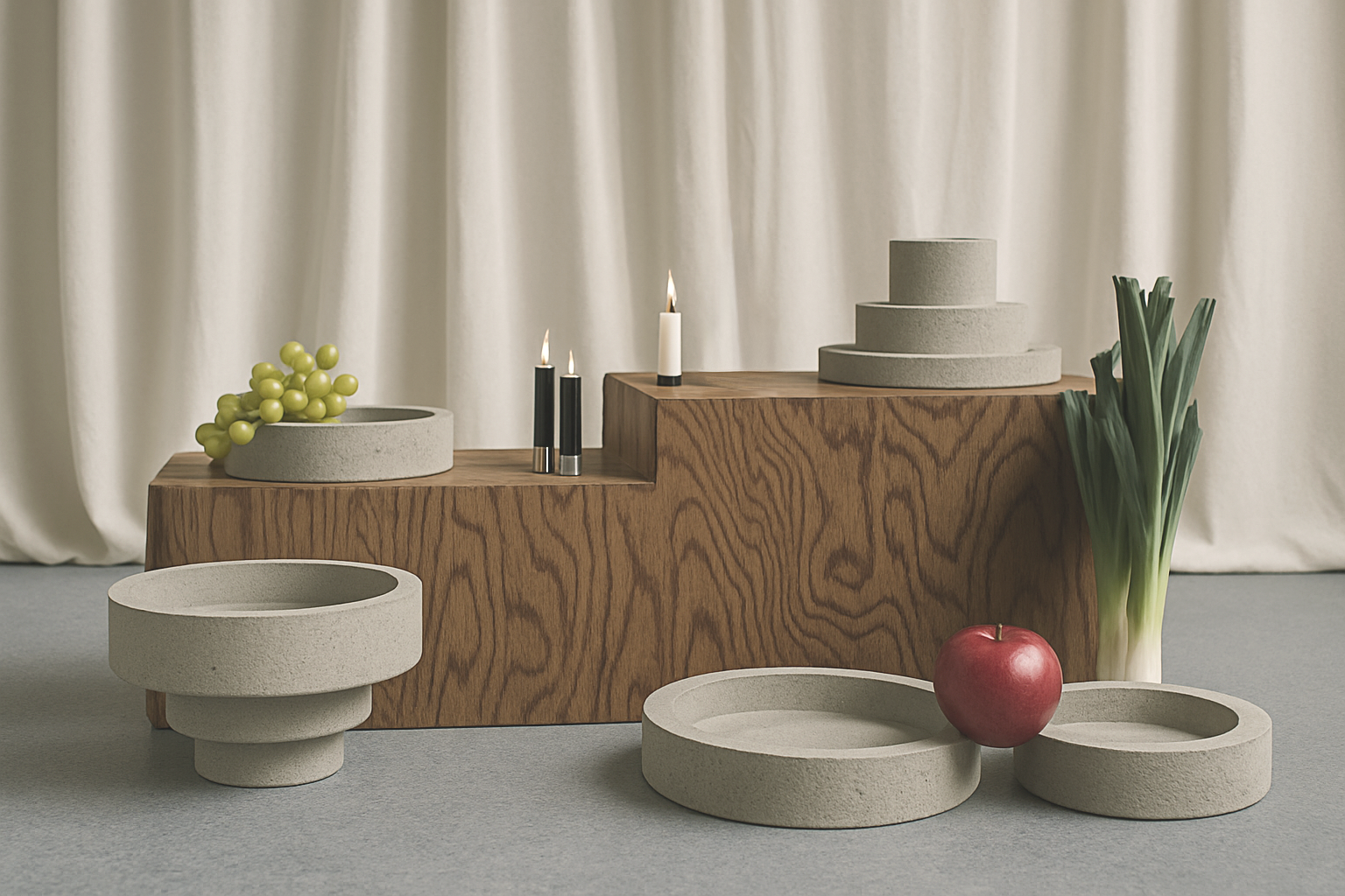 Composizione minimalista con ciotole di cemento, candele accese, grappoli d'uva verdi, cipollotti verdi, una mela rossa e uno sfondo di tende bianche.