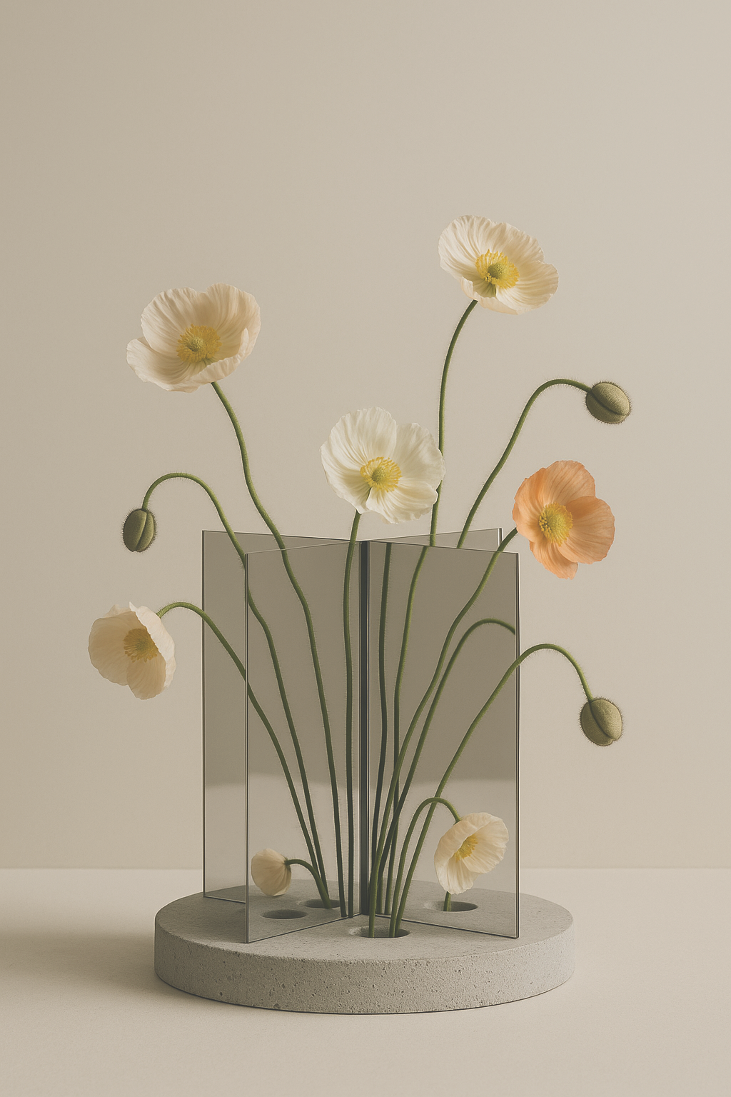 Un vaso con fiori di papavero bianchi, salmon e buddleia, con alcuni germogli ancora chiusi, inseriti in un supporto di cemento, con uno sfondo neutro.