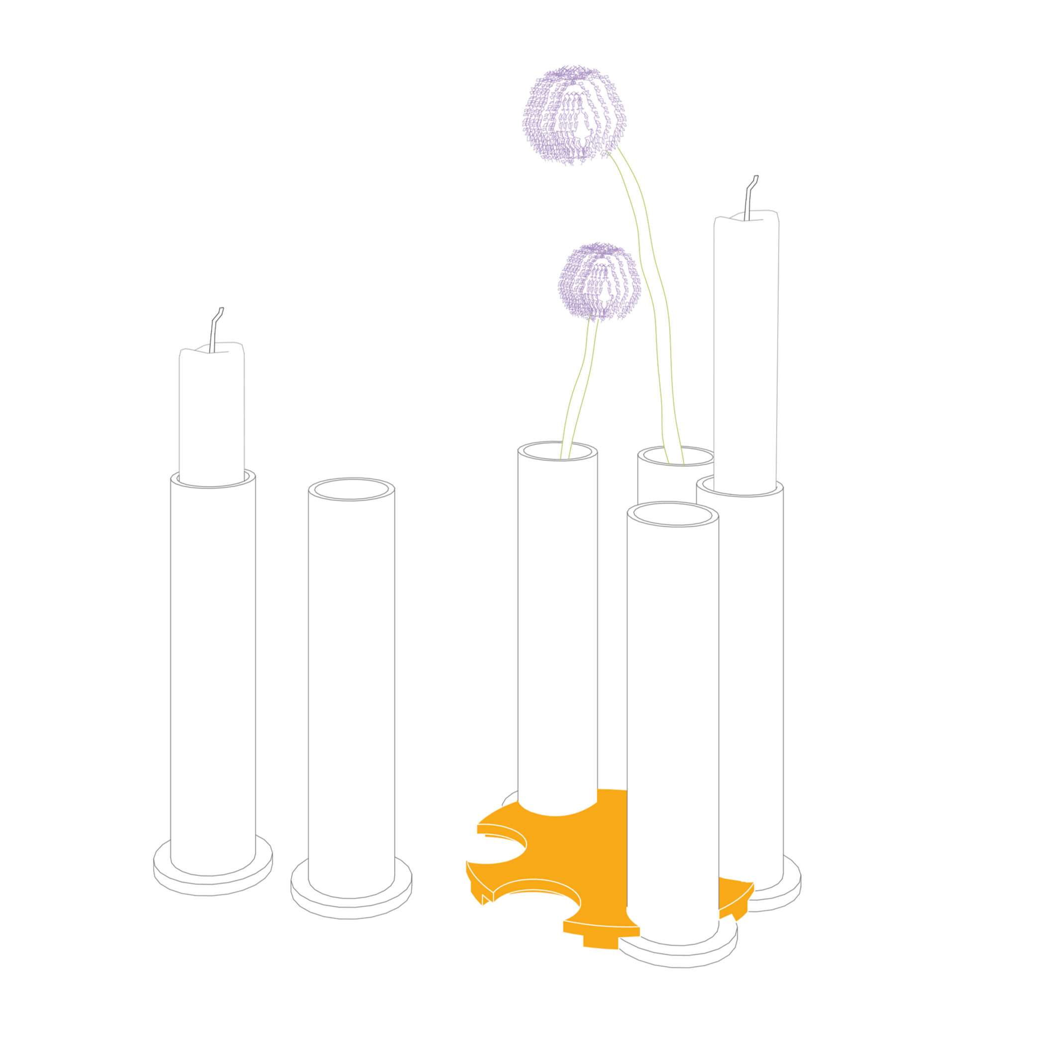 Diagramma di un circuito elettrico con sei candeline, alcune accese, e fili che collegano le candeline a una fonte di energia.