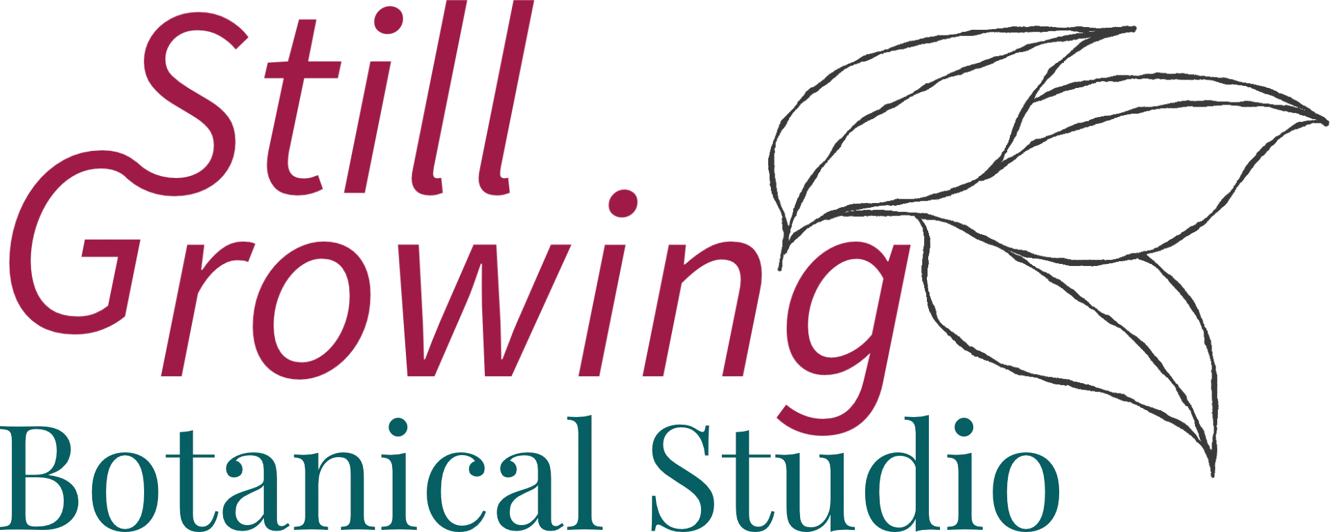 Logo for Still Growing Botanical Studio with stylised leaf graphic and text.