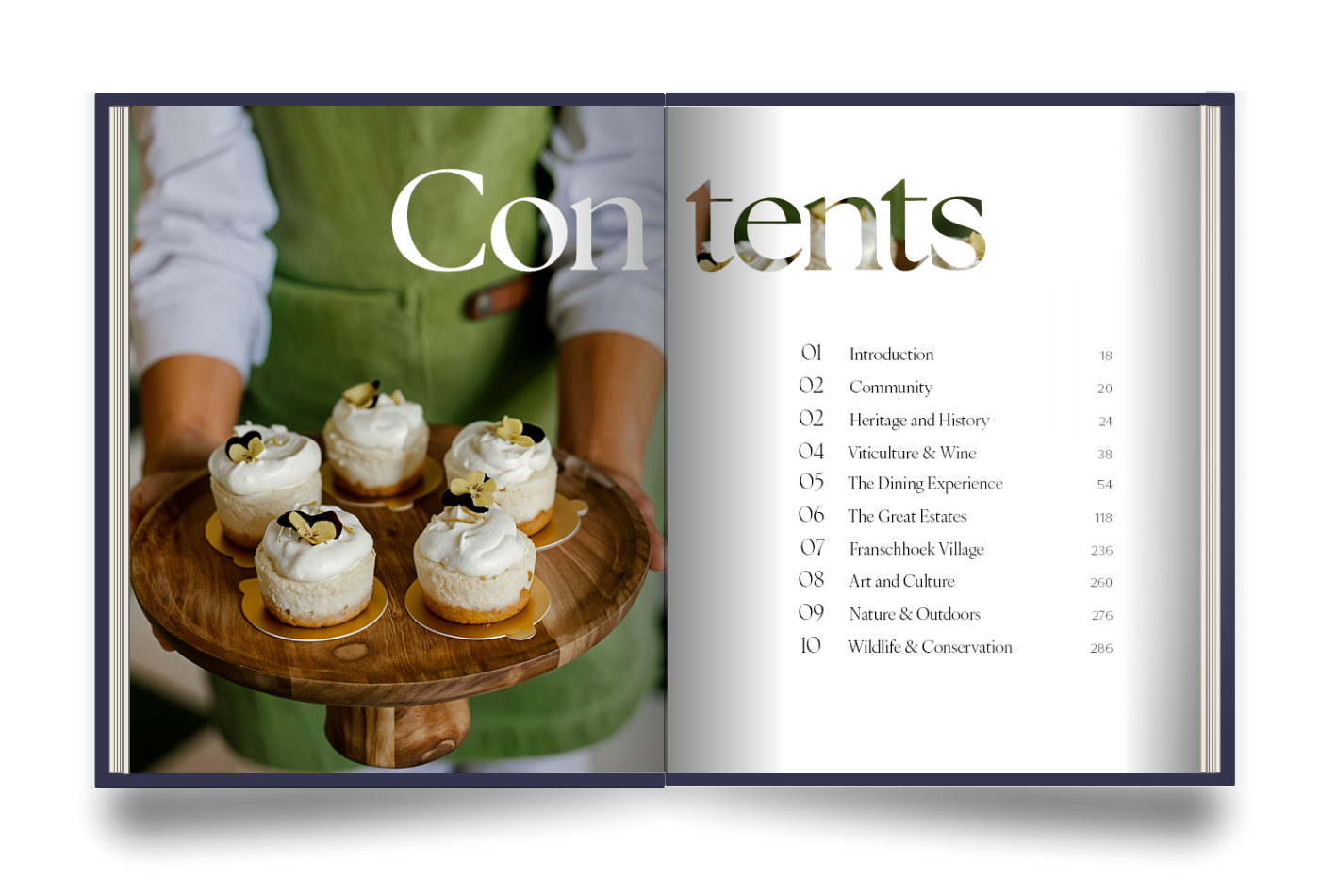 The Franschhoek Experience Book featuring the Contents page with patisserie from award-winning La Cotte Farm Millhouse.