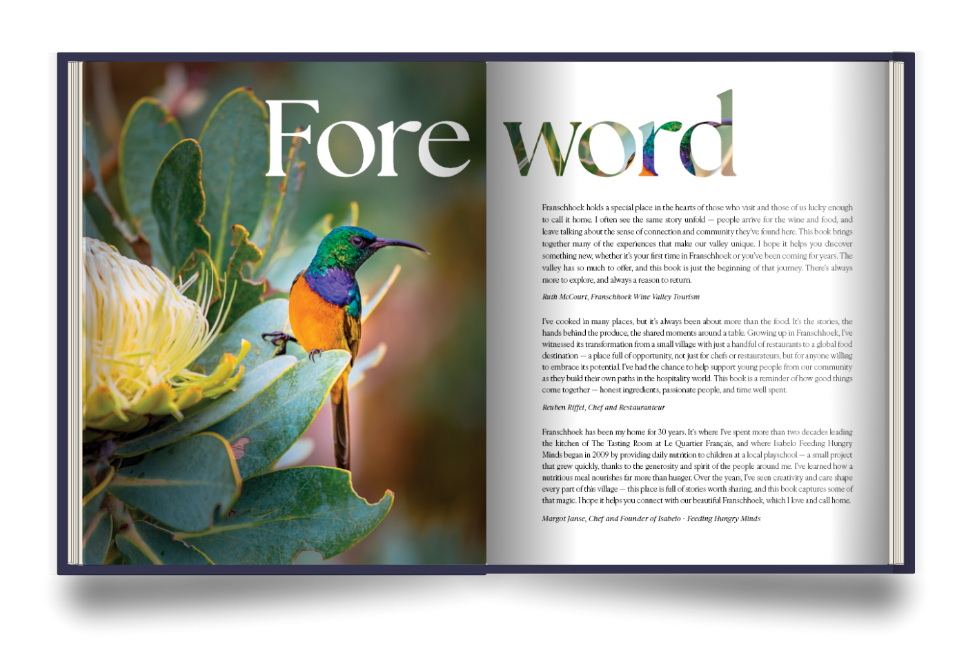 The Franschhoek Experience Book Foreword page by Reuben with an image of a Cape sunbird and a King Protea