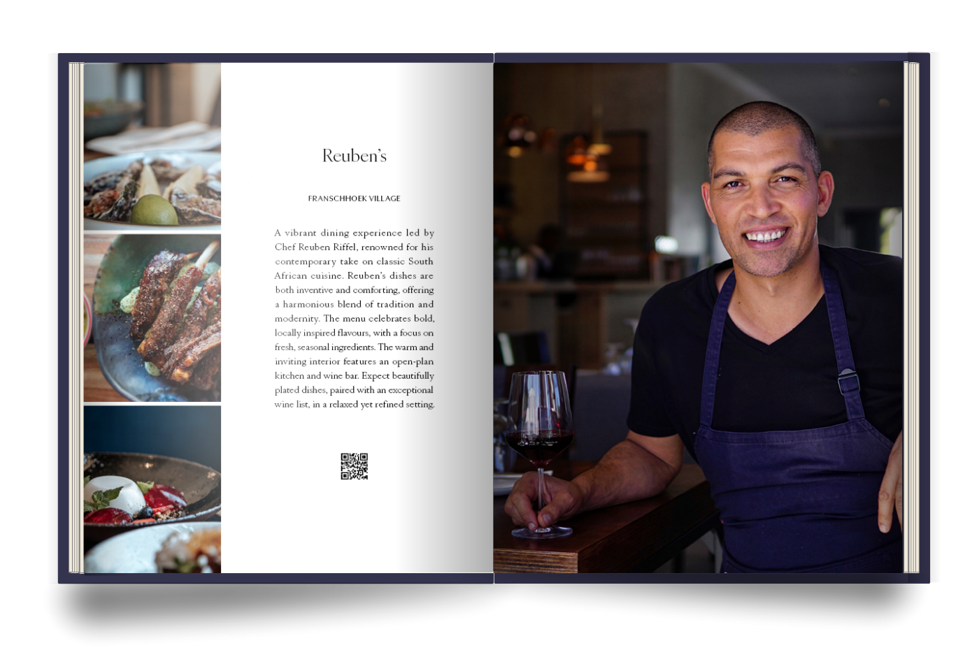 The Franschhoek Experience Book featuring renowned chef, Reuben Riffel with a glass of red wine in Reuben's restaurant 