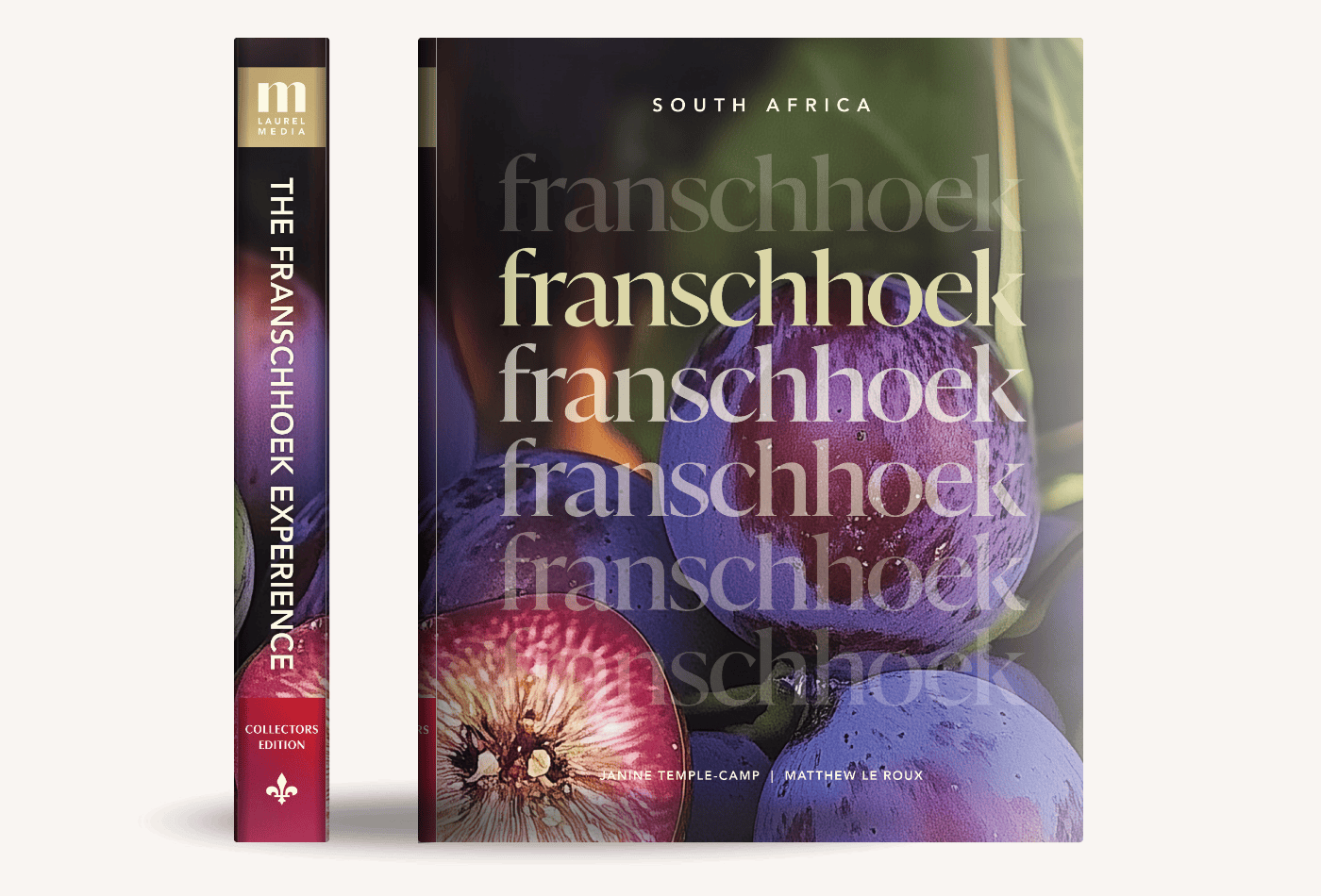 Book front cover with text "Franschhoek South Africa" and an image of grapes and vineyard leaves