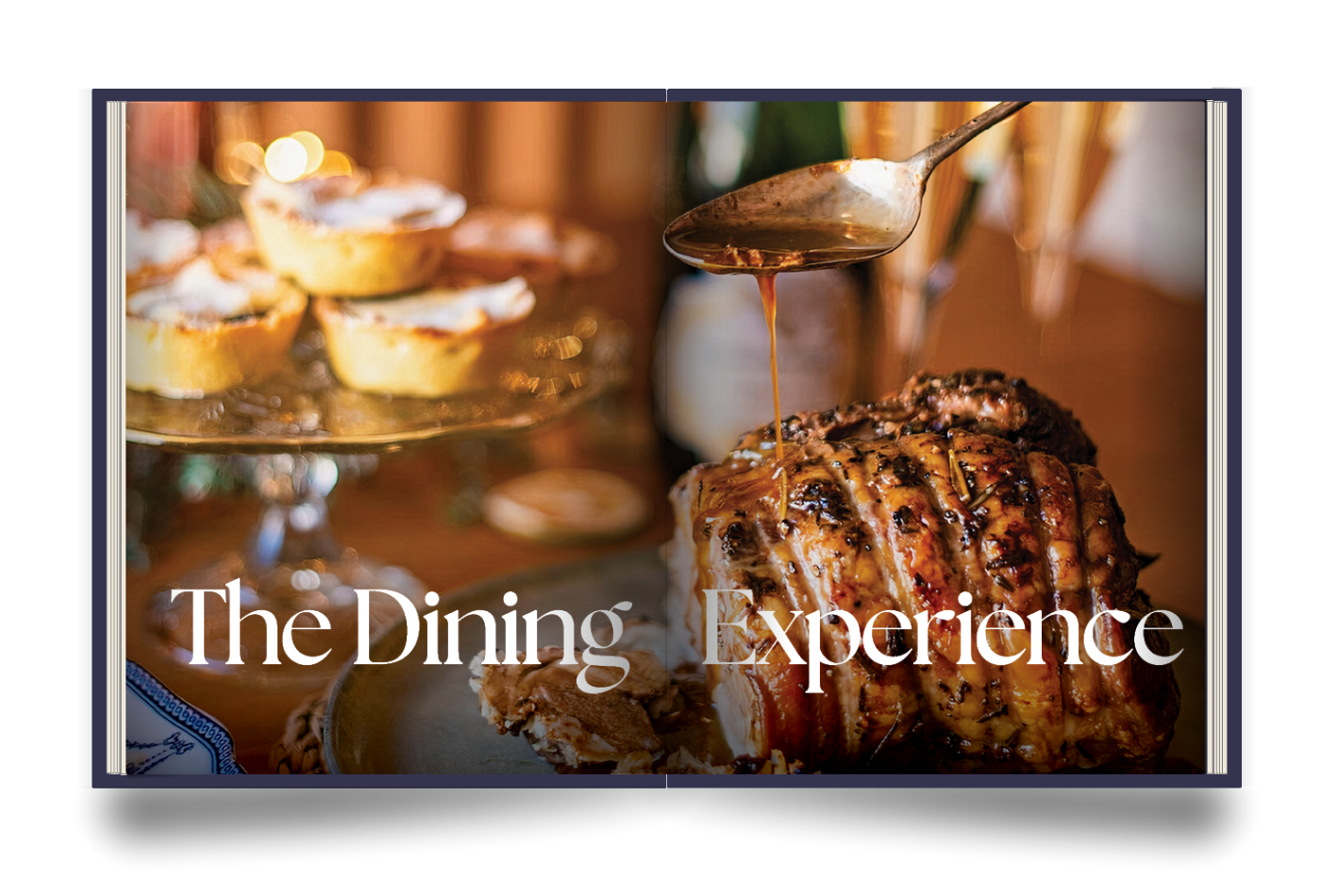 The Franschhoek Experience Book with a spread titled "The Dining Experience" displaying a roasted meat with sauce being poured over it at Boschendal Estate.