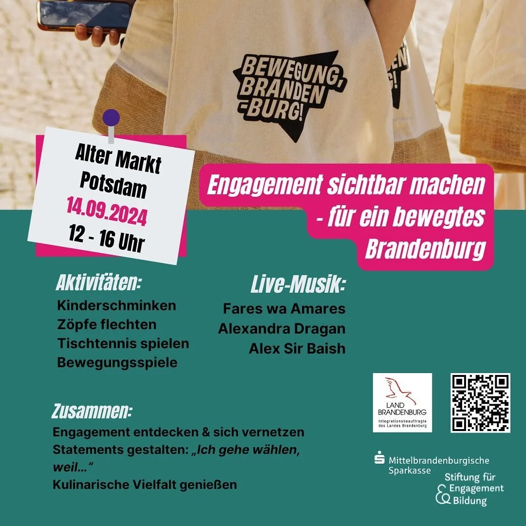 Es ist soweit! Am 14. September von 12 bis 16 Uhr auf dem Alten Markt in Potsdam findet das Highlight der Kampagne &bdquo;Bewegung, Brandenburg!&ldquo; statt: &bdquo;Zusammen engagiert - zusammen wachsen!&ldquo;. 🩷
Alle Beteiligten und Interessierte