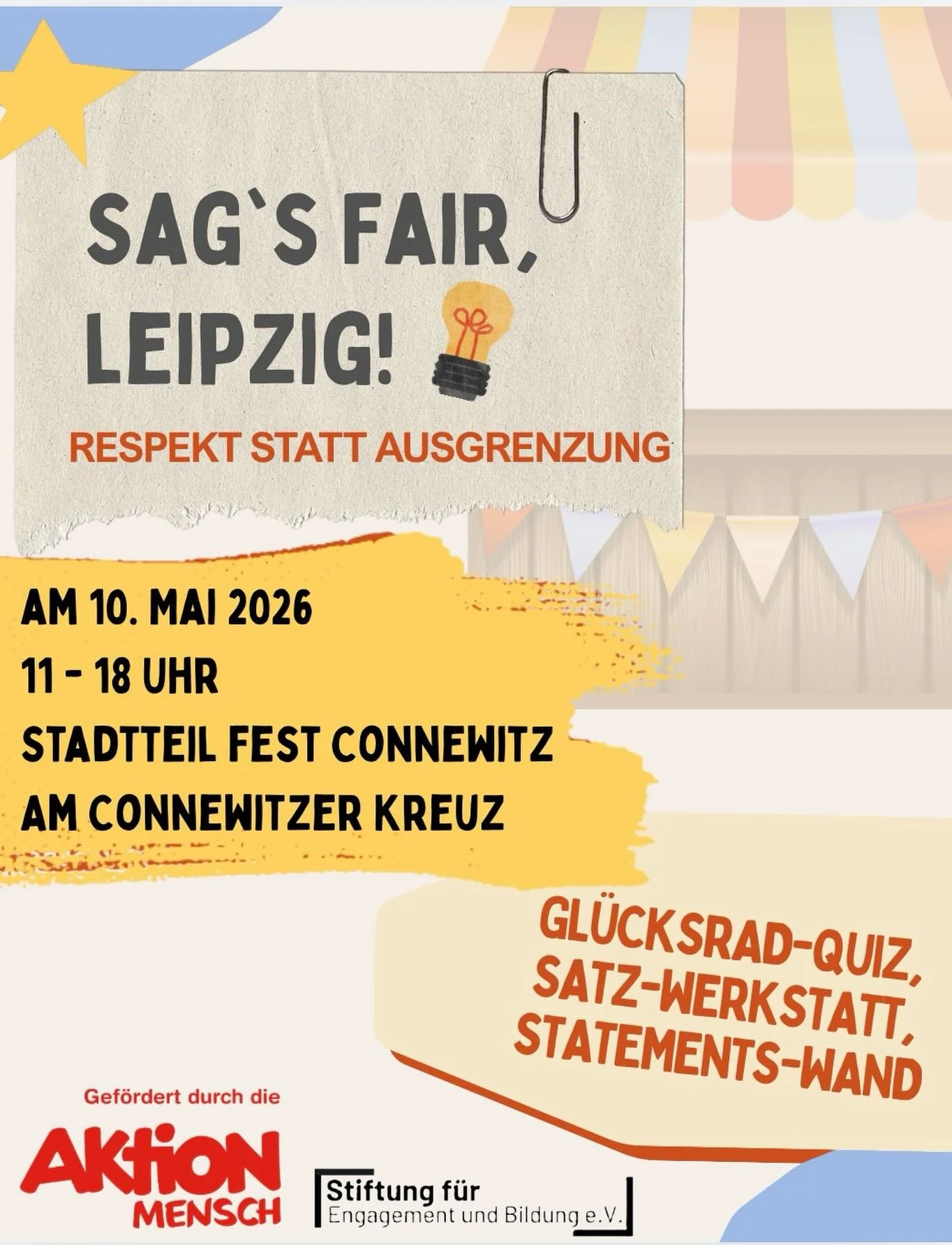 Kommt vorbei: Sag&rsquo;s fair, Leipzig!

Am 10.05.2026 sind wir von 11:00 bis 18:00 Uhr auf dem diesj&auml;hrigen Connewitzer Stra&szlig;enfest am Connewitzer Kreuz in Leipzig vertreten.

Mit unserer Mitmachaktion &bdquo;Sag&rsquo;s fair, Leipzig: R
