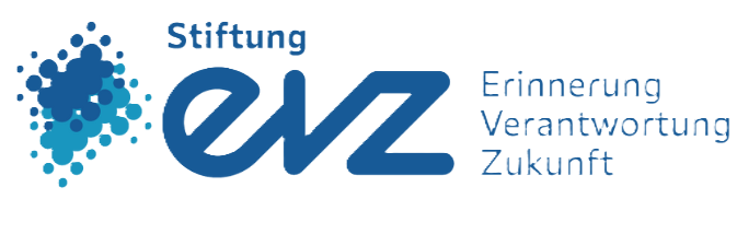 Logo der Stiftung EVZ mit blauer Molekül- oder Netzwerk-Illustration und den Worten 'Stiftung EVZ Erinnerung Verantwortung Zukunft'.