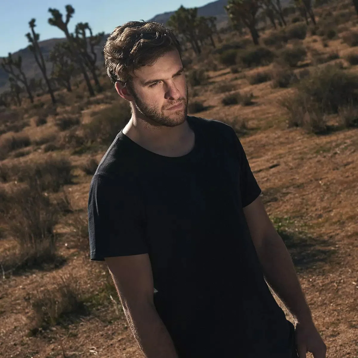 A young man with wavy brown hair and a beard stands outdoors in a desert landscape with sparse vegetation and Joshua trees in the background, wearing a black t-shirt, looking thoughtfully into the distance under a clear sky.