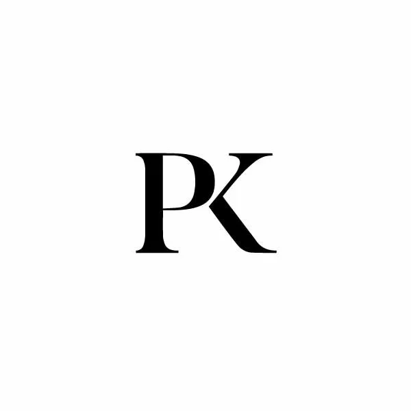 Black letter P and K overlapping on a white background.