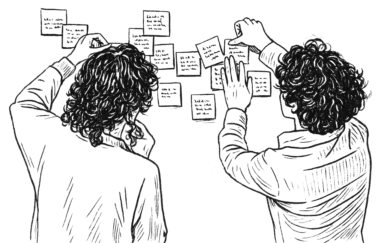 Twee mensen met krullend haar die Post-its op een muur plakken of erbij hangen, mogelijk voor een brainstorm of planning.