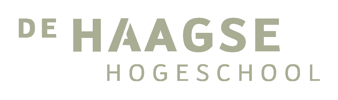 Logo van De Haagse Hogeschool met grote woorden in grijs.