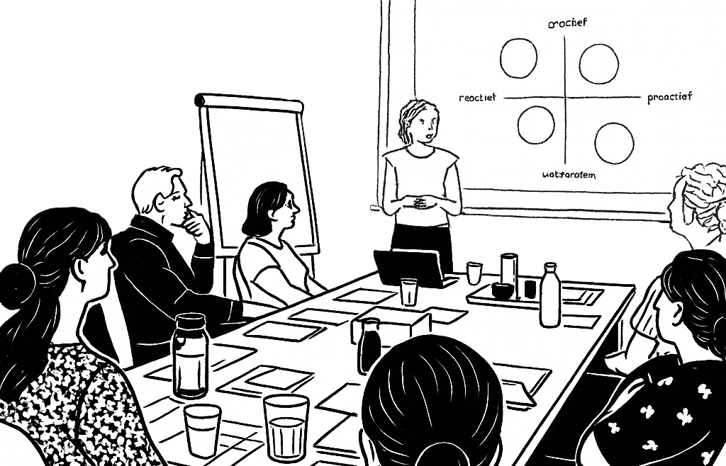 Een vrouw geeft een presentatie aan een groep mensen in een vergaderzaal. Op de muur is een diagram met vier kwadranten.