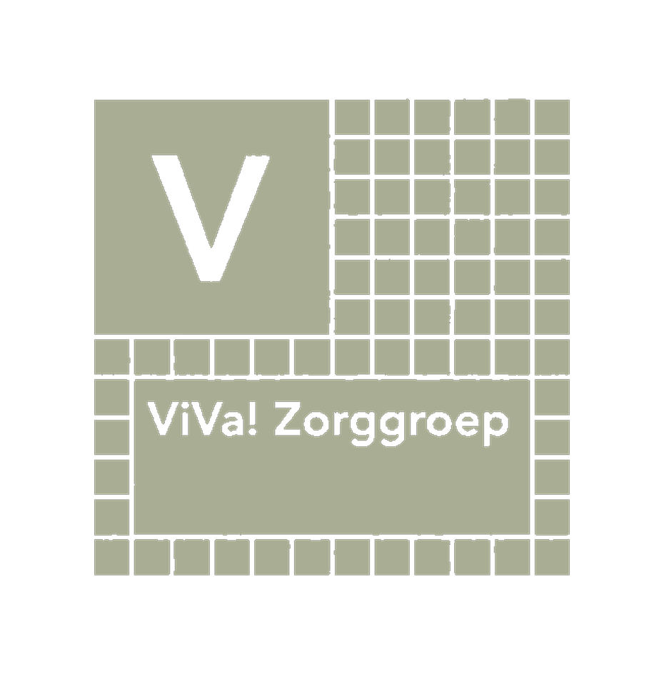 Een logo van 'ViVa! Zorggroep' met de letter V in een blok en de naam onderaan, weergegeven in een grafisch ontwerp met een grid-achtergrond.