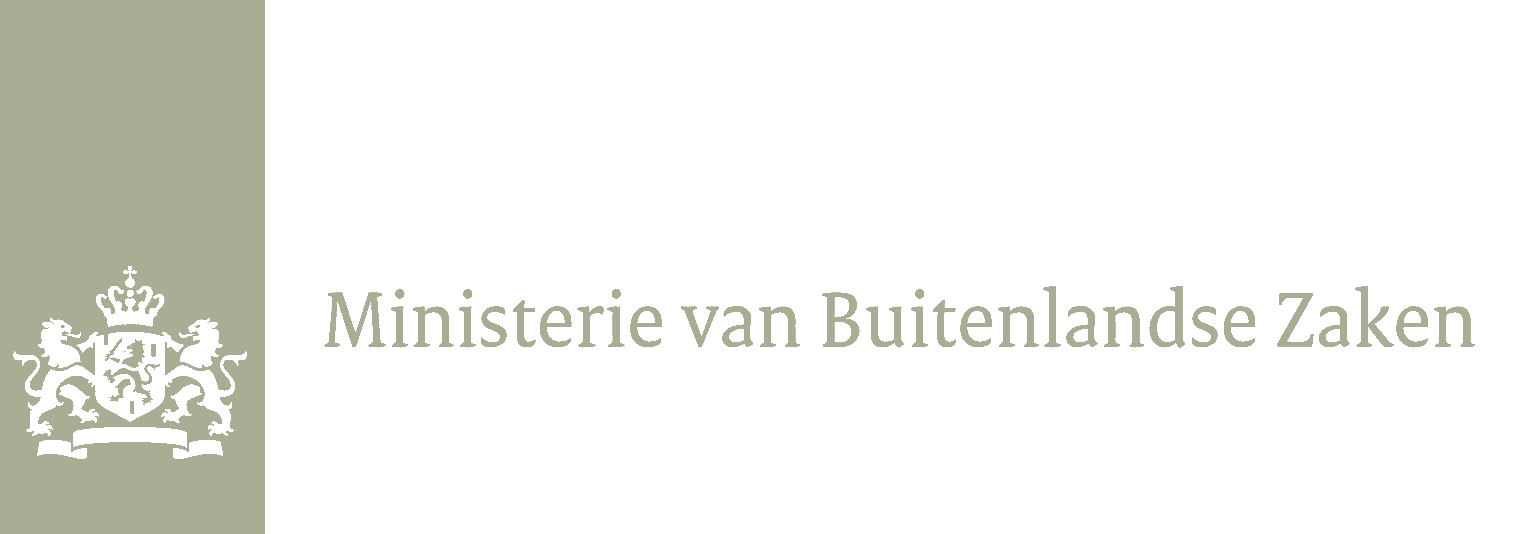 Het logo van het Ministerie van Buitenlandse Zaken met een grafisch schild en tekst.