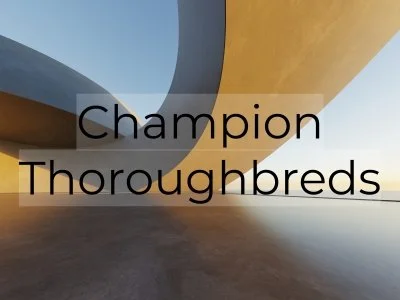 Text on a modern architectural structure reading 'Champion Thoroughbreds' against a background of a blue sky and abstract yellow and gray elements.