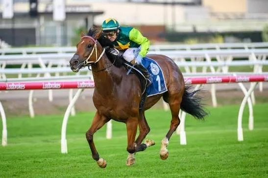 A jockey riding a galloping racehorse on a racetrack.
