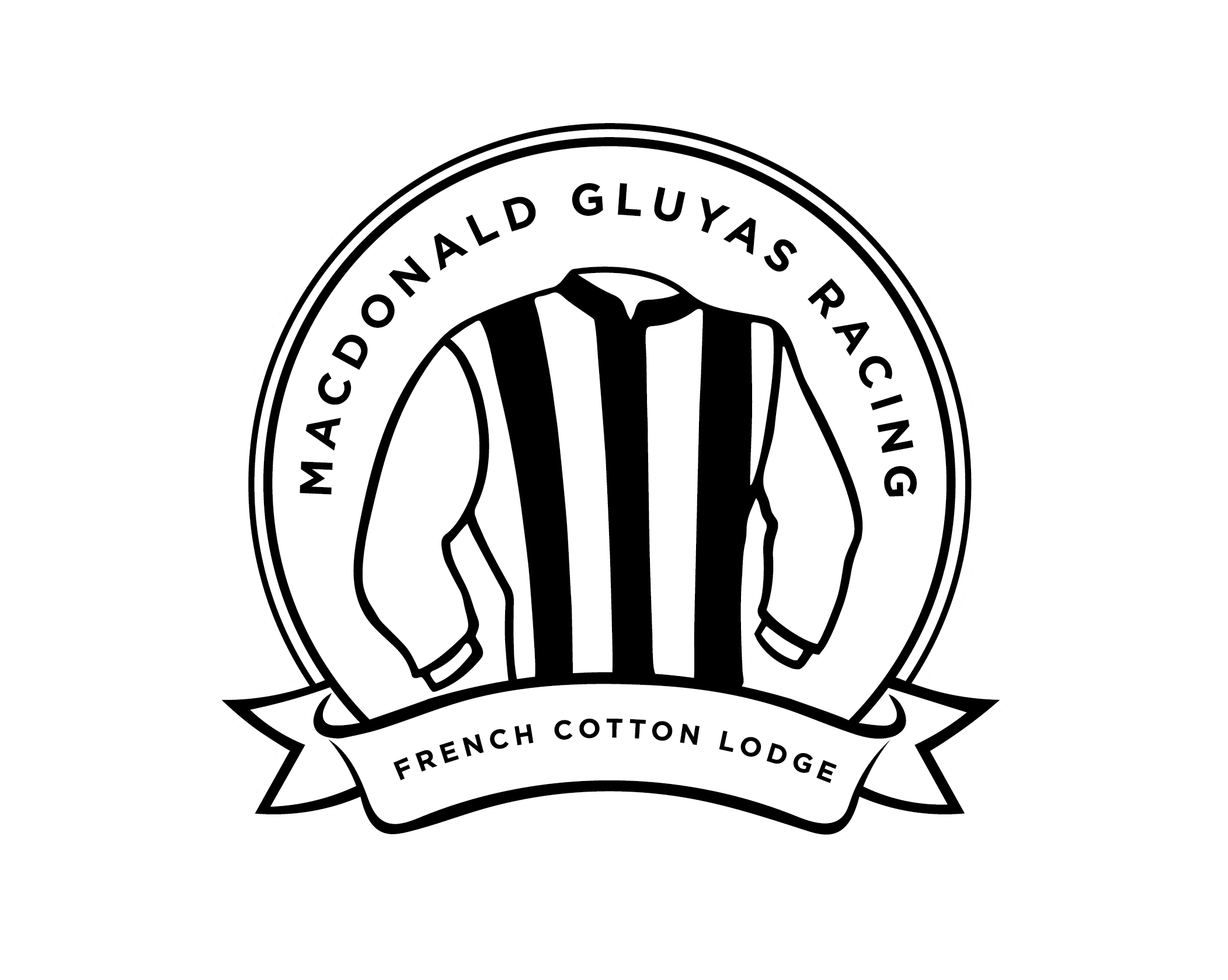 A black and white logo for MacDonald Gulyas Racing French Cotton Lodge featuring a stylized figure in a striped jersey.