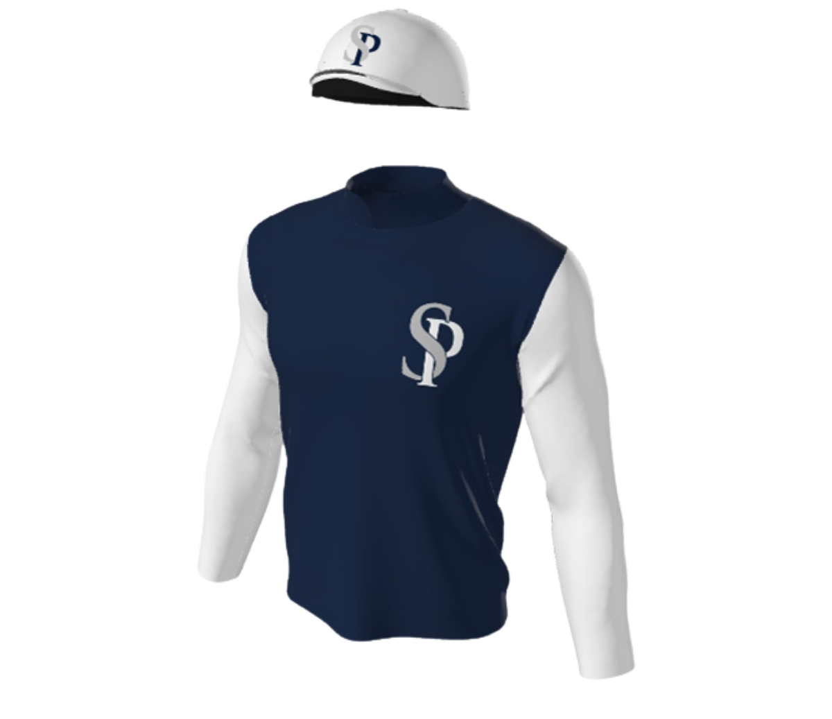 Signature Pedigrees racing silks featuring a navy blue body, white sleeves and a white cap, all displaying the SP monogram logo.