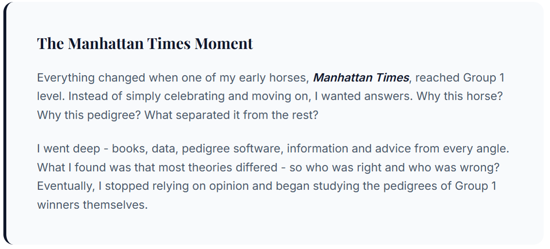 Screenshot of a text titled "The Manhattan Times Moment" discussing research and opinions on a horse that reached Group 1 level in horse racing.