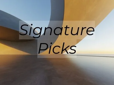 Modern architectural structure with large curved concrete and yellow beams, under a clear sky with the text 'Signature Picks' overlayed.