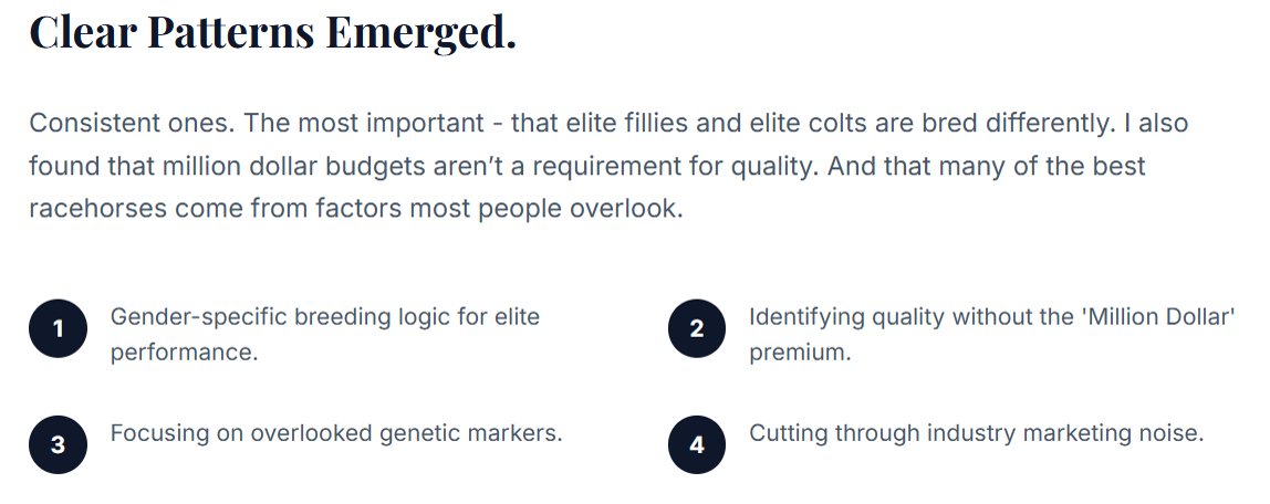 Text discussing clear patterns in horse breeding, emphasizing elite fillies and colts being bred differently, with points on gender-specific breeding, quality identification, genetic markers, and industry marketing.