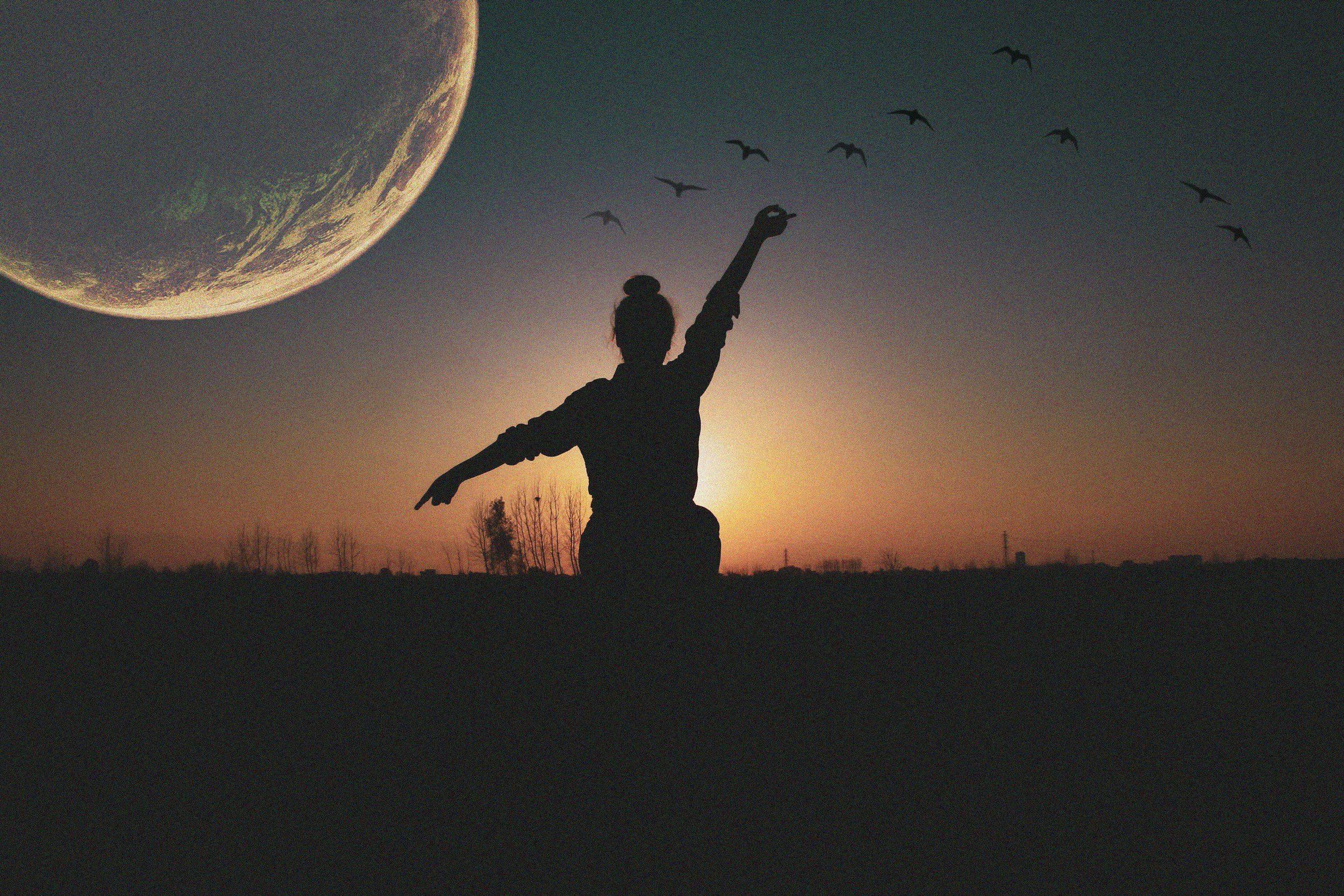 Silhouette of a person with a bun hairstyle, kneeling on the ground, reaching up towards flying birds in the sky during sunset or sunrise. A large moon or planet is visible in the sky.