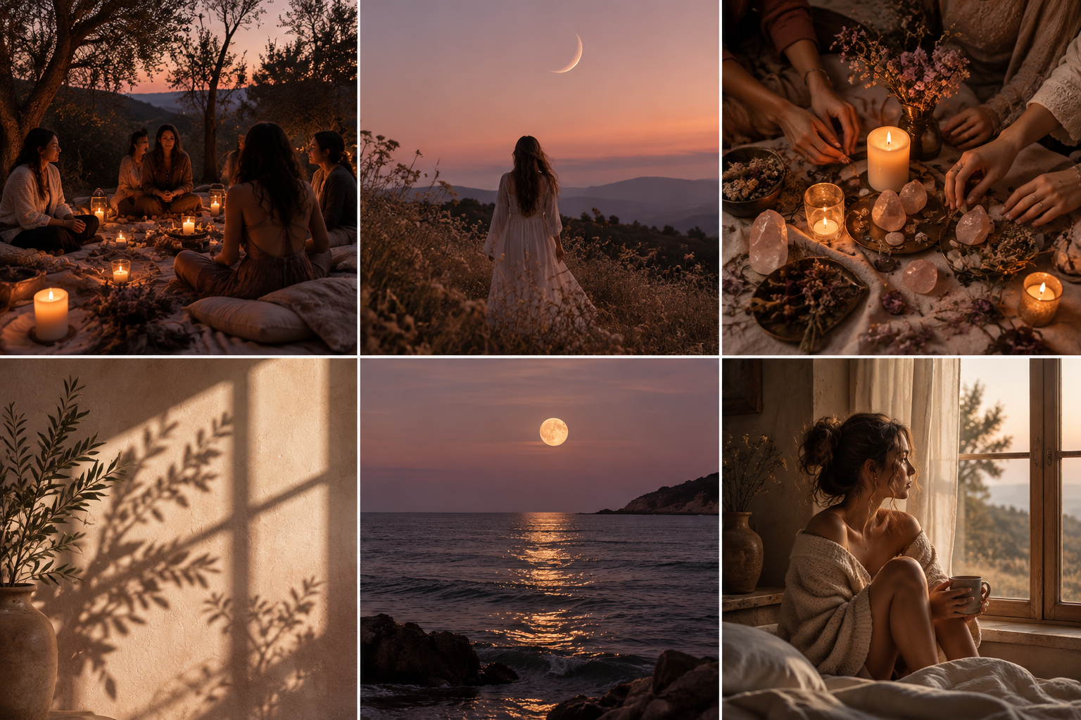 A collage of six images featuring serene and cozy settings during sunset and night. The first shows five women sitting around candles and flowers outdoors at sunset. The second depicts a woman standing in a field of flowers at dusk under a crescent moon. The third is a close-up of a table with candles, crystals, and flowers, creating a warm, intimate atmosphere. The fourth captures a shadowed plant in a vase on a textured wall with sunlight casting shadows. The fifth showcases a full moon over the ocean at sunset with rocks in the foreground. The sixth shows a woman sitting by a window with a cup, illuminated by soft evening light, gazing outside.