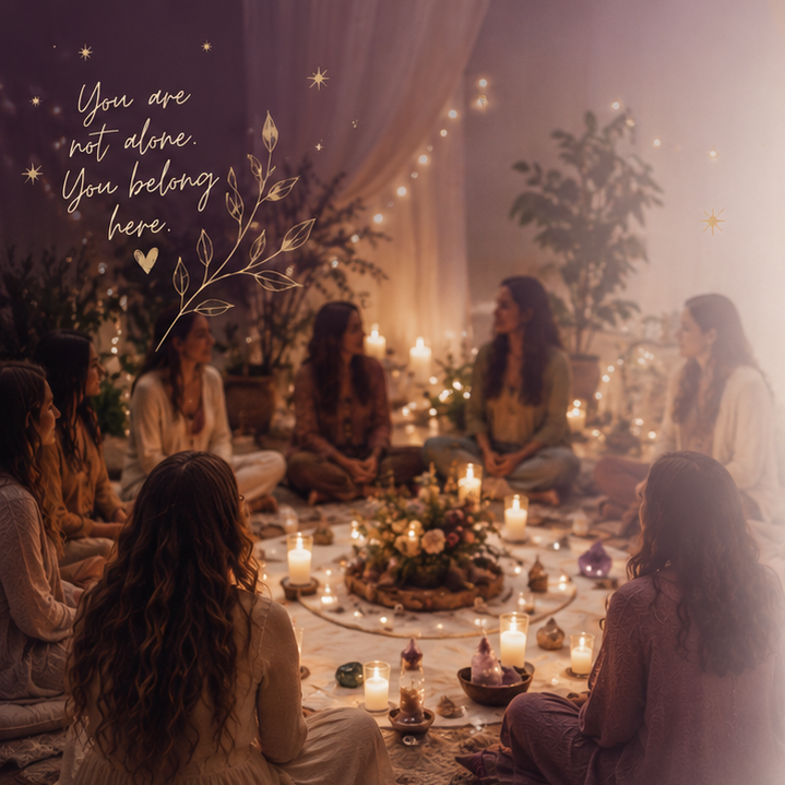 Women sitting in a circle on the floor during a spiritual or meditation gathering, surrounded by candles, flowers, and crystals, with soft lighting and a cozy, mystical atmosphere.