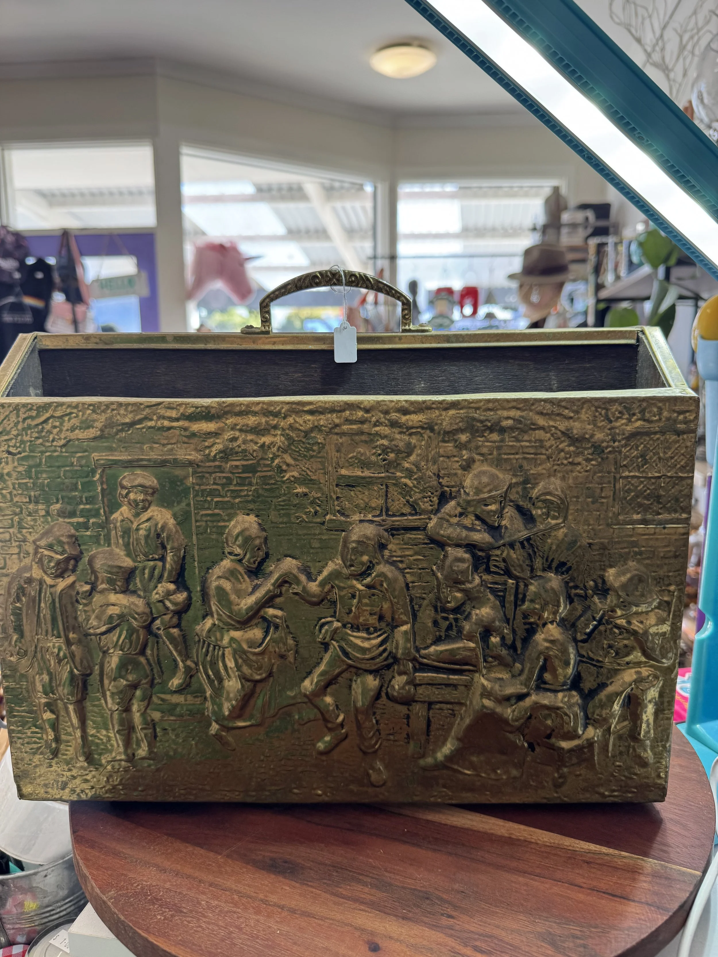 Vintage brass metal magazine holder organiser lounge chair