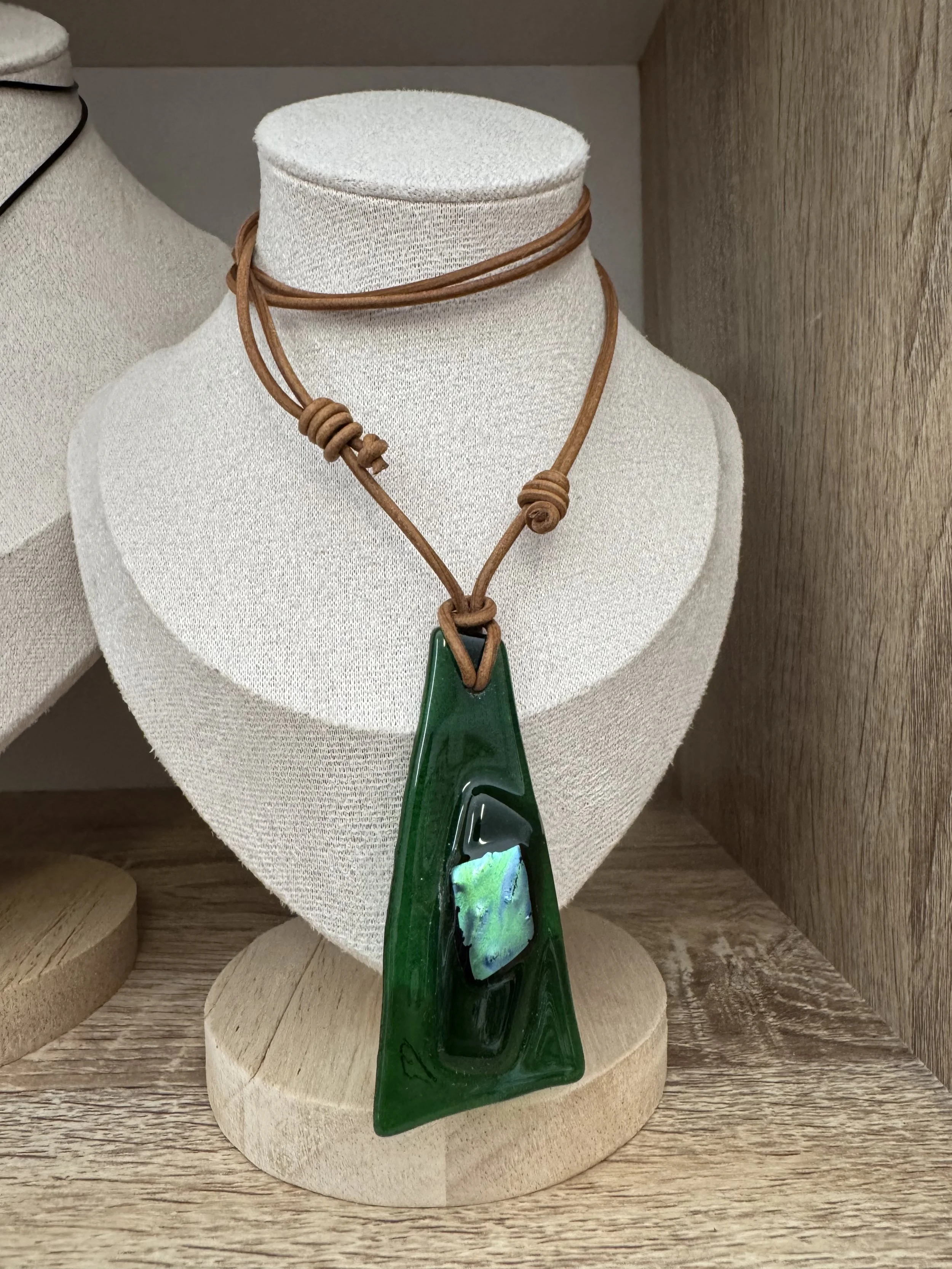 New handmade green recycled glass pendant comes packaged