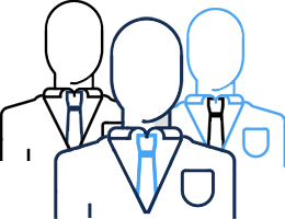 Outline of three professional individuals in suits, two in front and one in the back, with empty face areas.