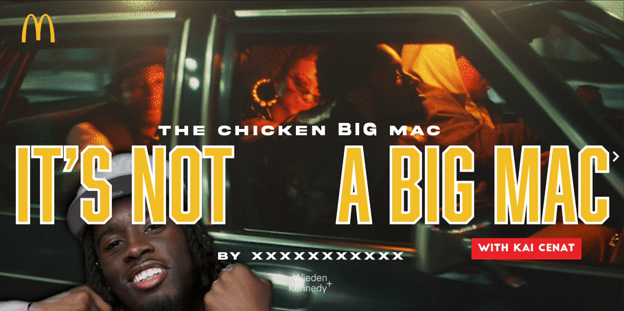 Advertisement for McDonald's featuring the Big Mac, with a story titled "It's Not A Big Mac" by Kai Cenat, showing a man lying in a car and two women in the back seat enjoying their meals.