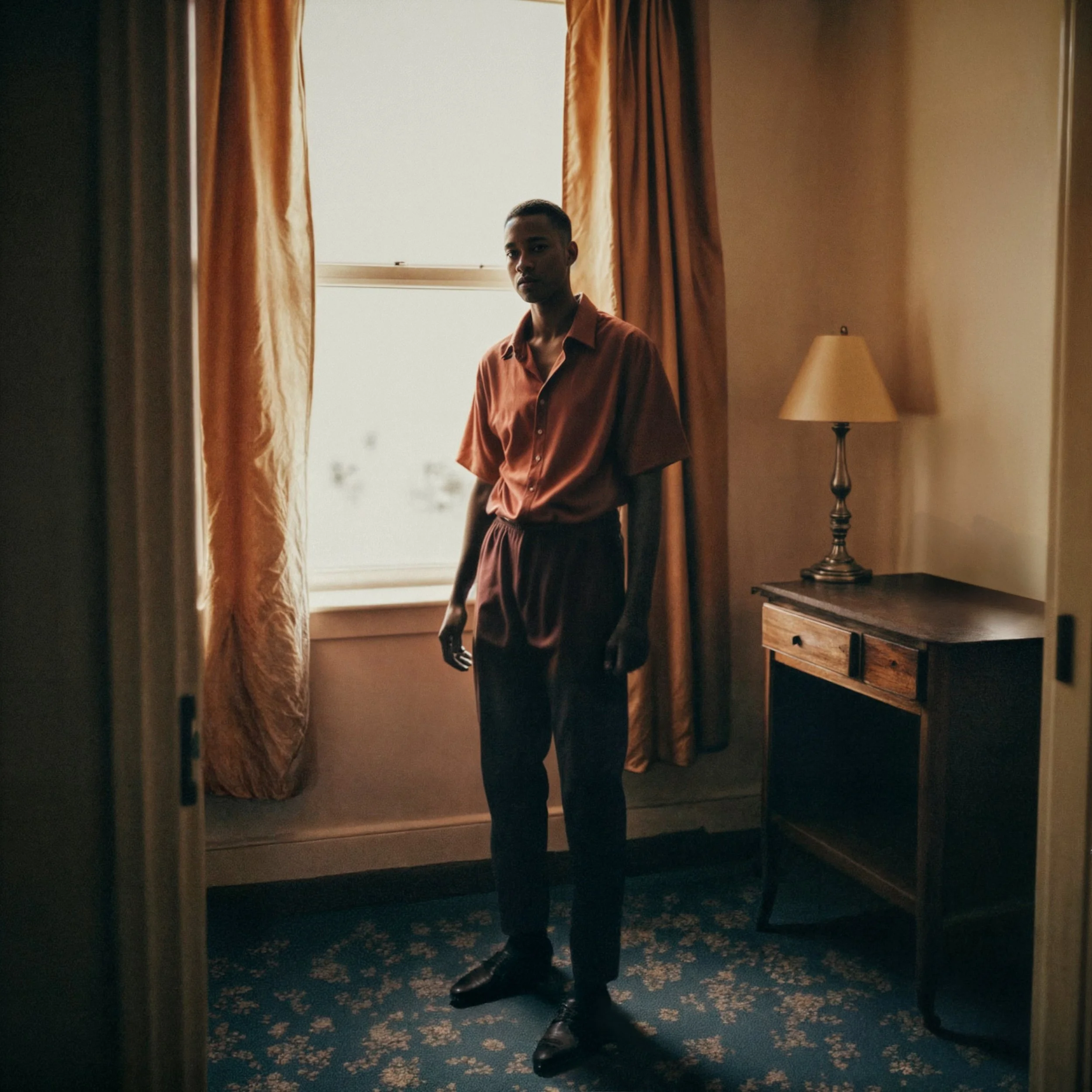 A young man standing in a dimly lit hotel room near a window with yellow curtains and a wooden bedside table with a lamp. His reflection is visible in a mirror.