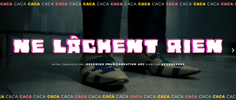 Close-up of a person's feet wearing shoes, with a patterned background and bold purple text in French that says 'NE LÂCHENT RIEN'.