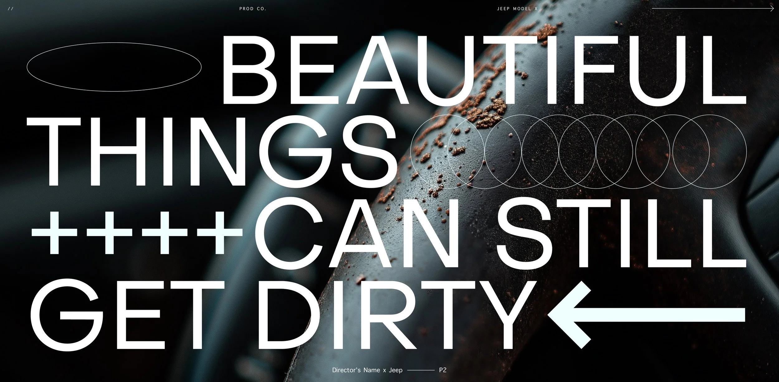 A close-up shot of a textured surface with scattered rust-colored particles, overlaid with large white text reading 'Beautiful Things +++ Can Still Get Dirty' and an arrow pointing left.