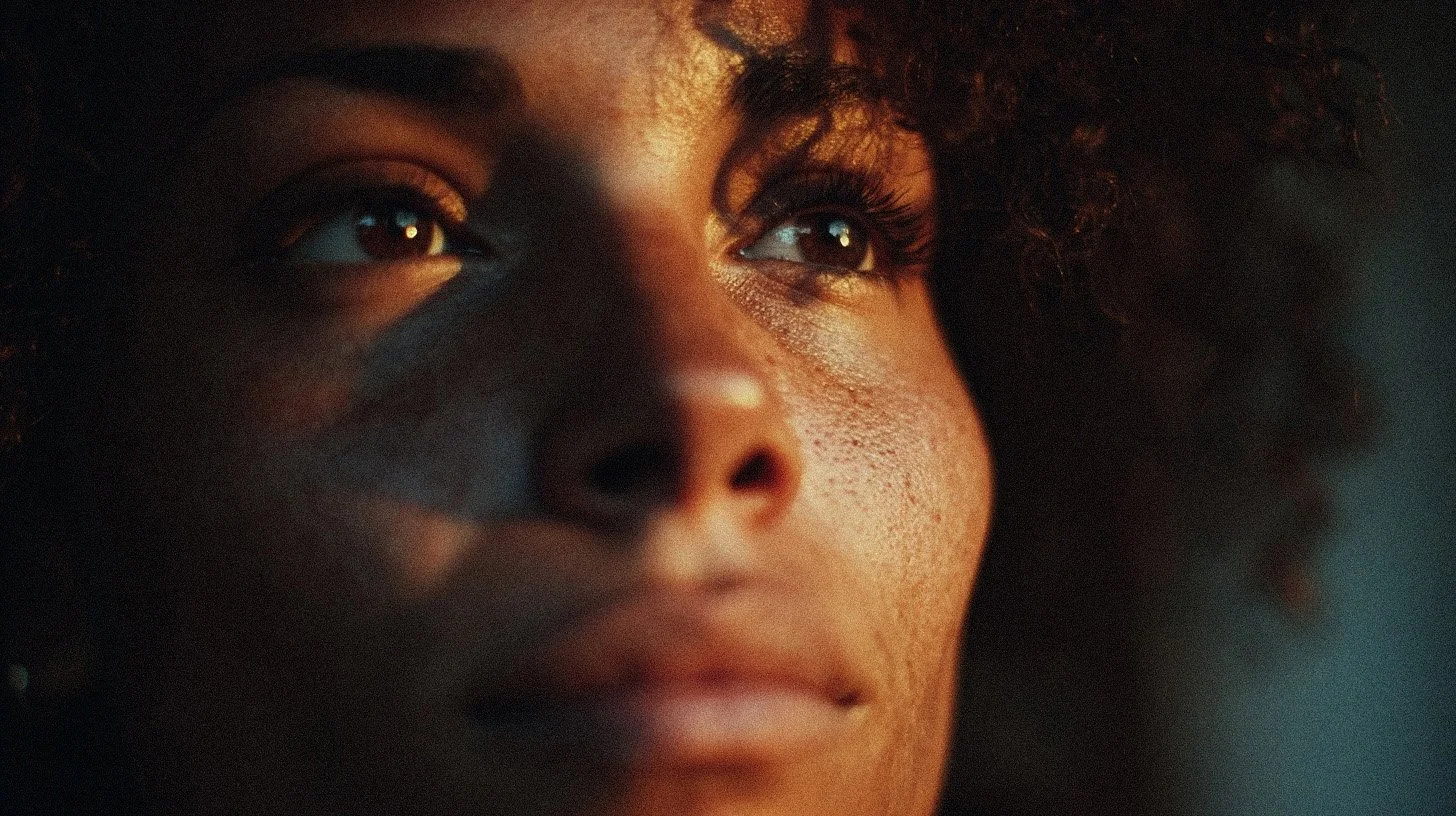 Close-up of a woman's face with dark curly hair and brown eyes, looking thoughtfully into the distance with warm lighting.
